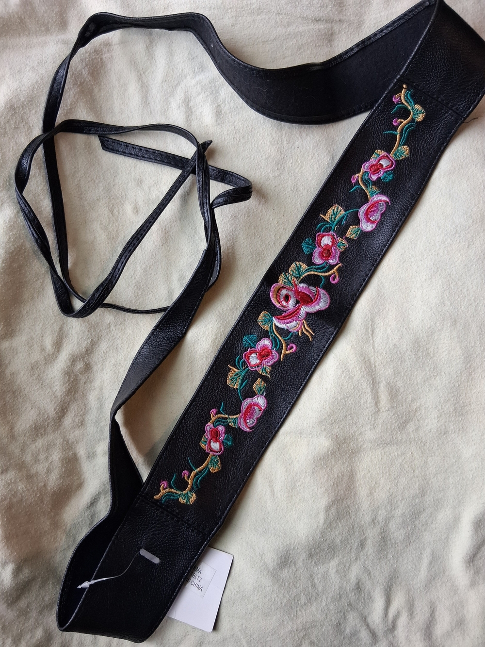 New Karma Black Embroidered Floral Tie Belt